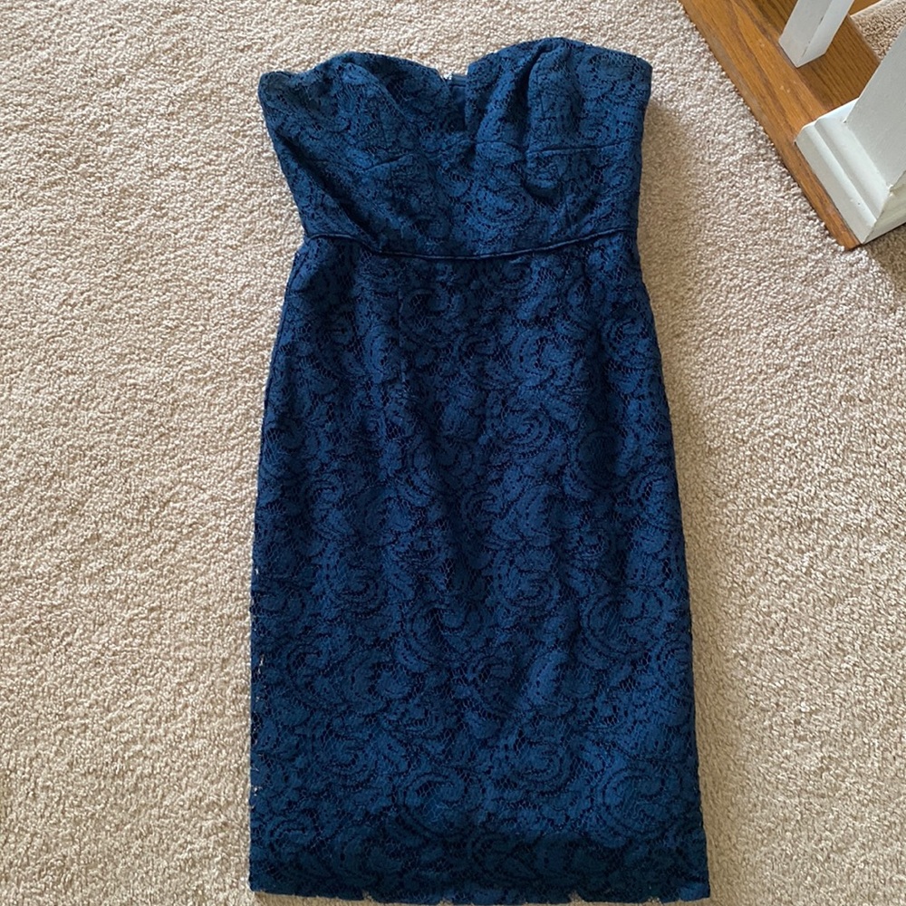 J. Crew Navy Blue Lace a strapless mid length Dress
